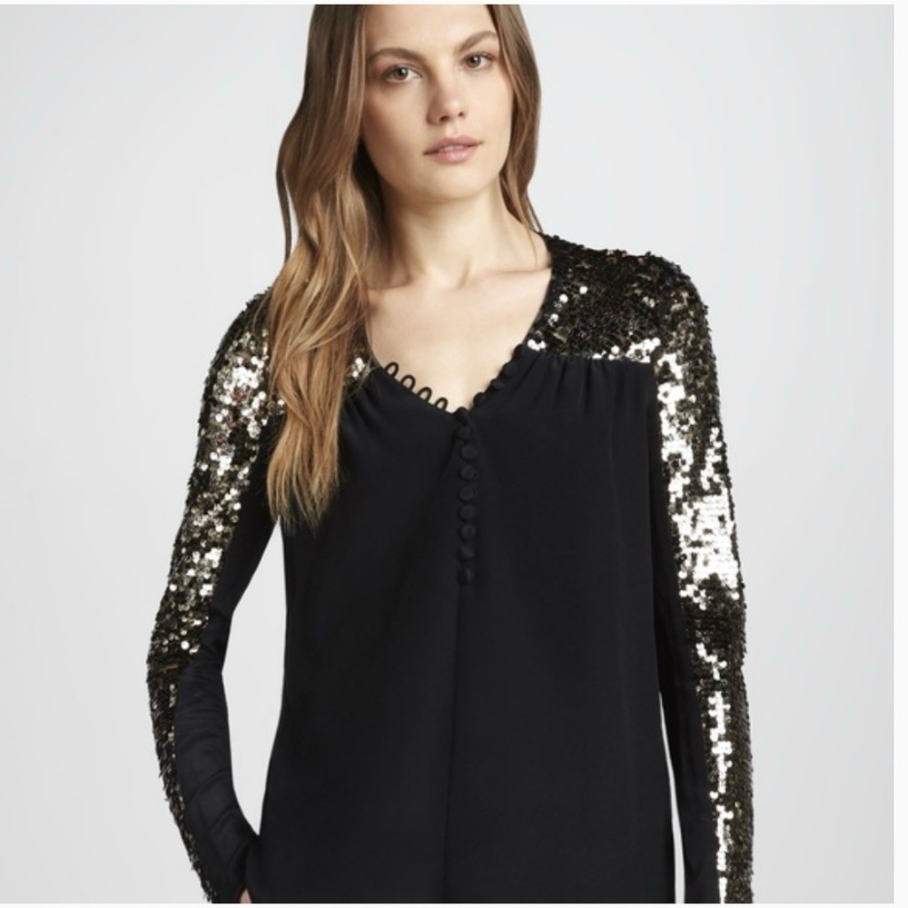 BCBGMAXAZRIA Antonella Women’s Black Sequin Chiffon Blouse Size XS